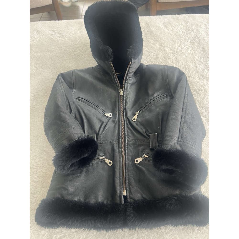Vintage Leather Limited 2T Black Leather Shearling Hooded Aviator Jacket